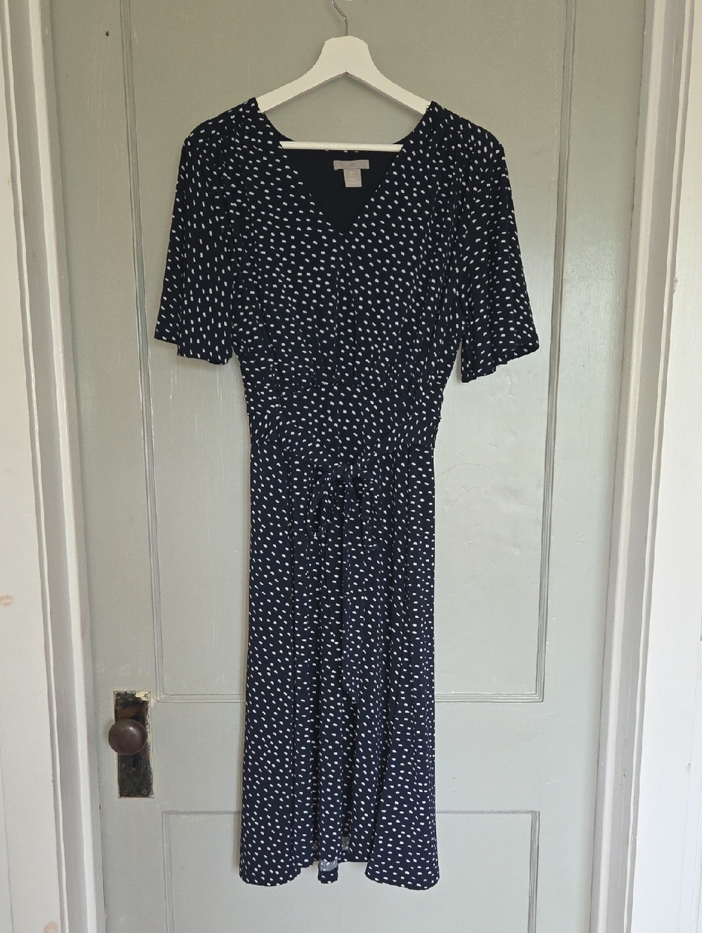 H&M Size L Navy Blue Midi Dress with White Dot Print
